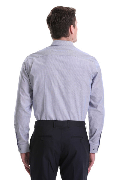 Lacivert Regular Fit Çizgili 100% Pamuklu Slim Yaka Uzun Kollu Klasik Gömlek - 5