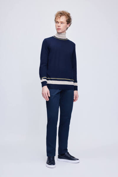 Lacivert Regular Fit Çizgili Balıkçı Yaka Yünlü Triko Kazak - 3