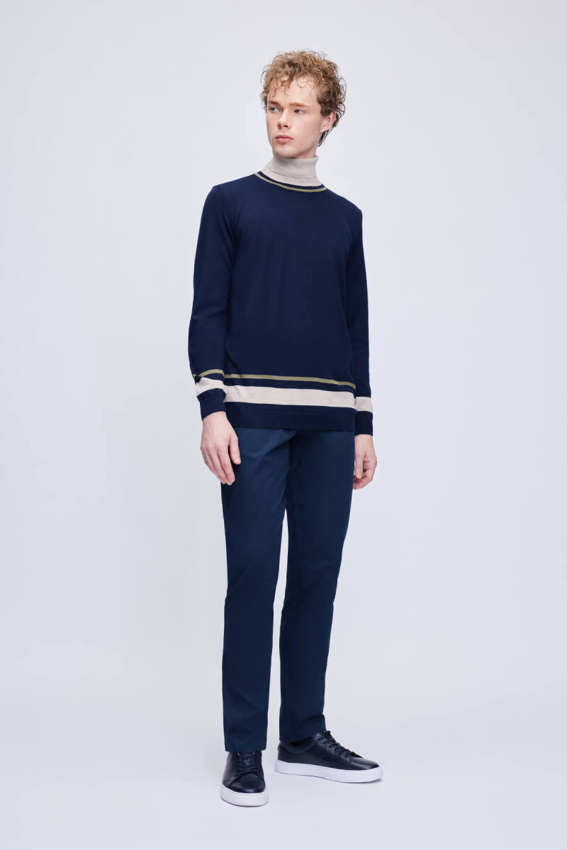 Lacivert Regular Fit Çizgili Balıkçı Yaka Yünlü Triko Kazak - Hatem Saykı (1)