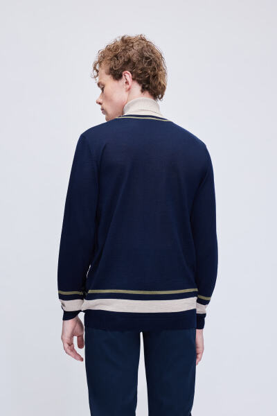 Lacivert Regular Fit Çizgili Balıkçı Yaka Yünlü Triko Kazak - 5