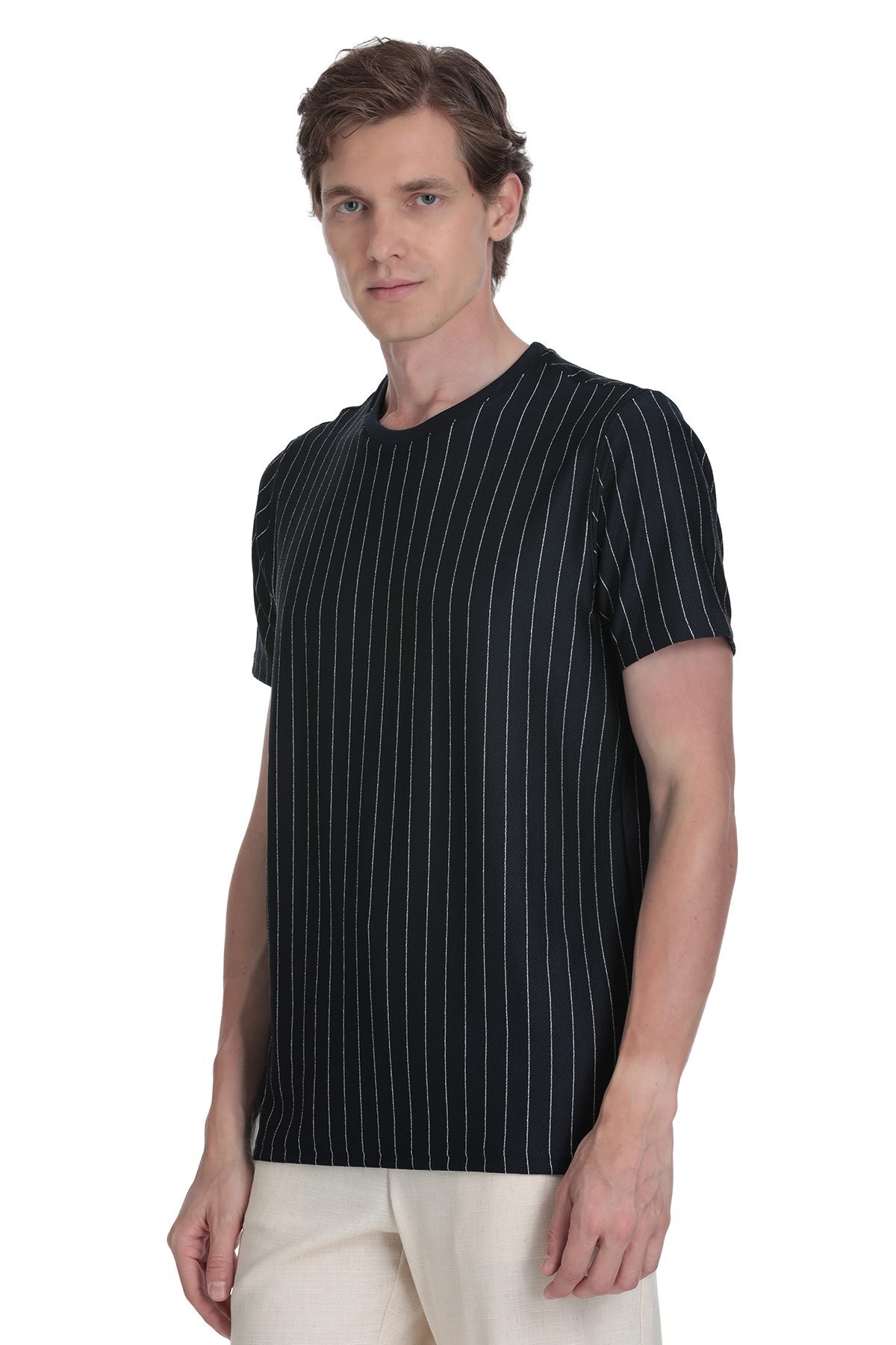 Lacivert Regular Fit Çizgili Bisiklet Yaka Tişört - 1