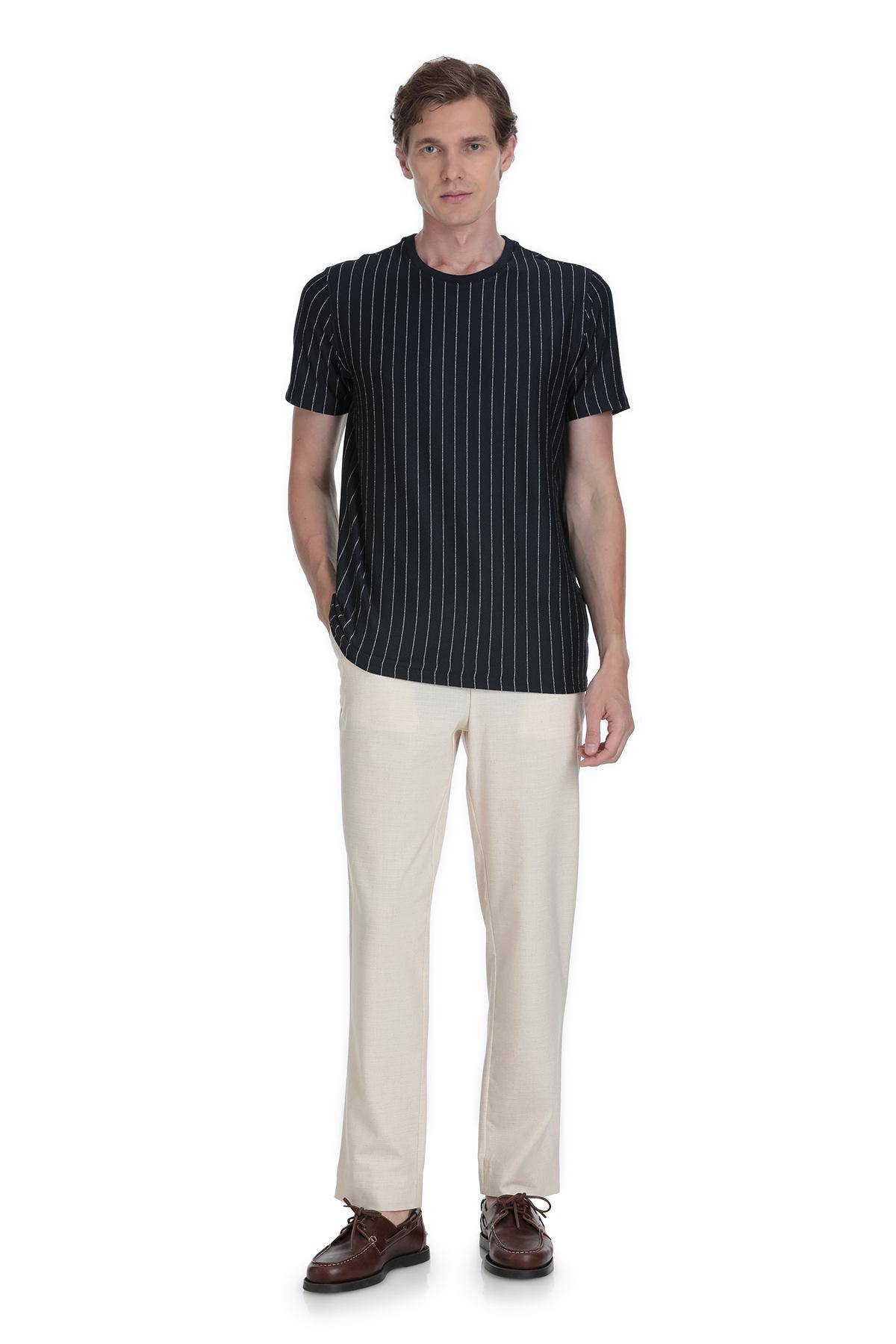 Lacivert Regular Fit Çizgili Bisiklet Yaka Tişört - 2