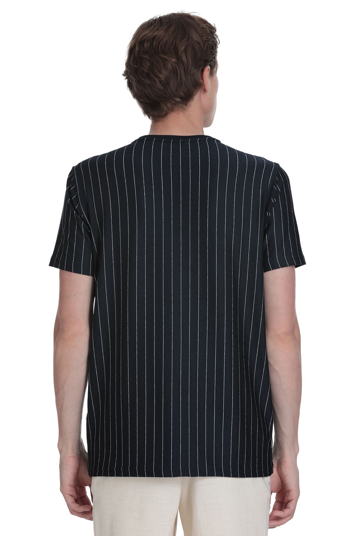 Lacivert Regular Fit Çizgili Bisiklet Yaka Tişört - 5