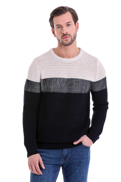 Lacivert Comfort Fit Desenli Bisiklet Yaka Triko Kazak - Thumbnail