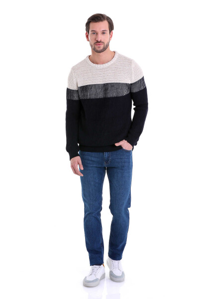 Lacivert Comfort Fit Desenli Bisiklet Yaka Triko Kazak - Thumbnail