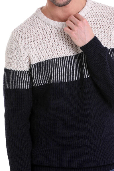 Lacivert Comfort Fit Desenli Bisiklet Yaka Triko Kazak - Thumbnail