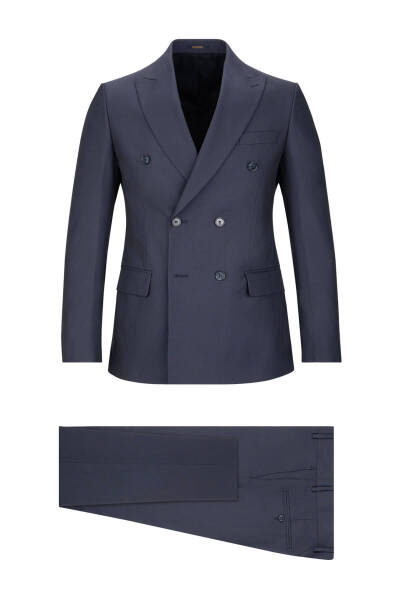 Lacivert Regular Fit Çizgili Kruvaze Klasik Takım Elbise 