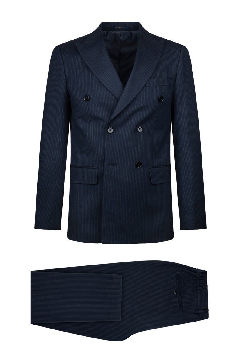 Lacivert Regular Fit Çizgili Kruvaze Klasik Takım Elbise - Hatemoğlu