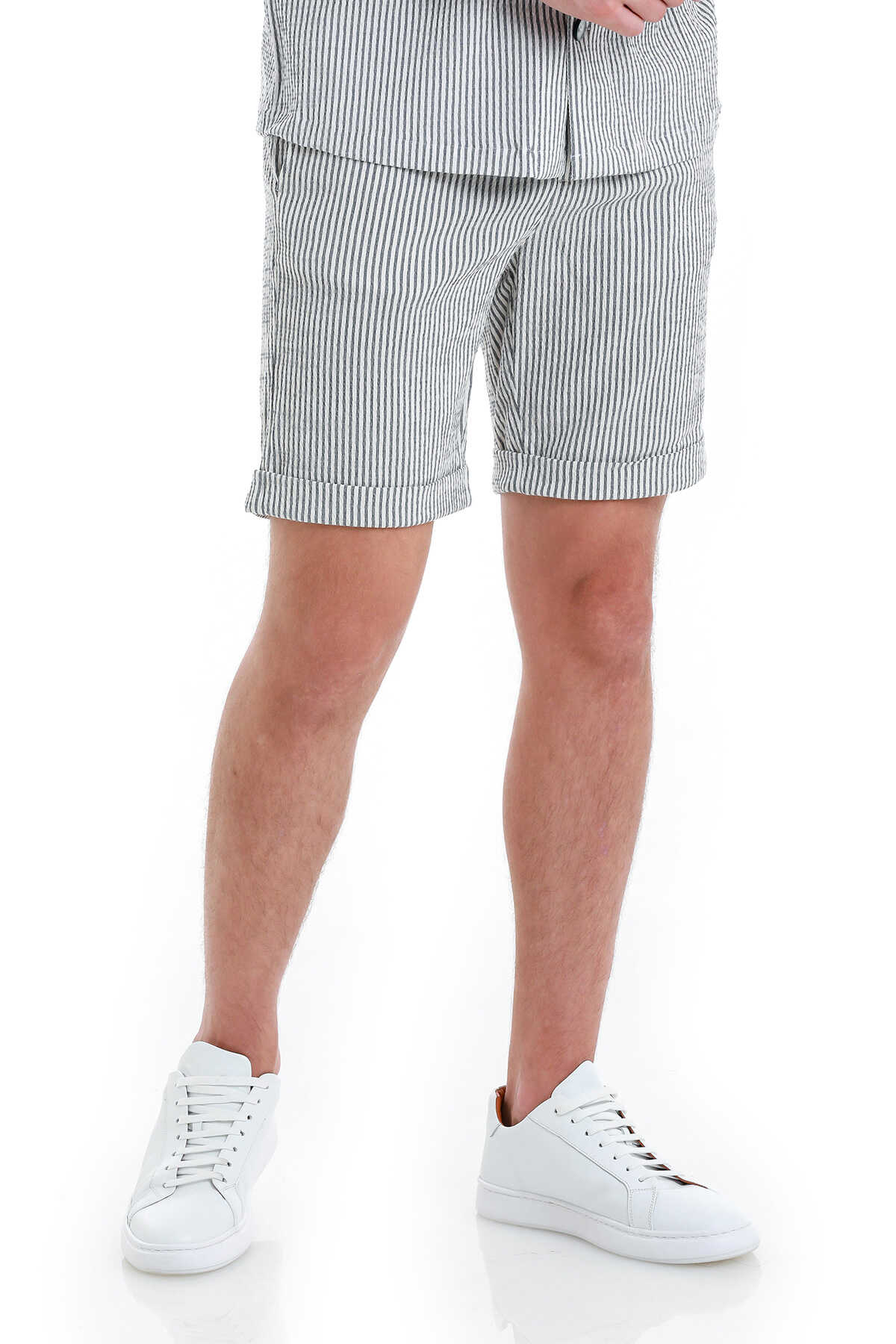 Lacivert Regular Fit Çizgili Yandan Cepli Şort - 4