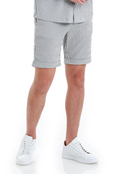 Lacivert Regular Fit Çizgili Yandan Cepli Şort - 4