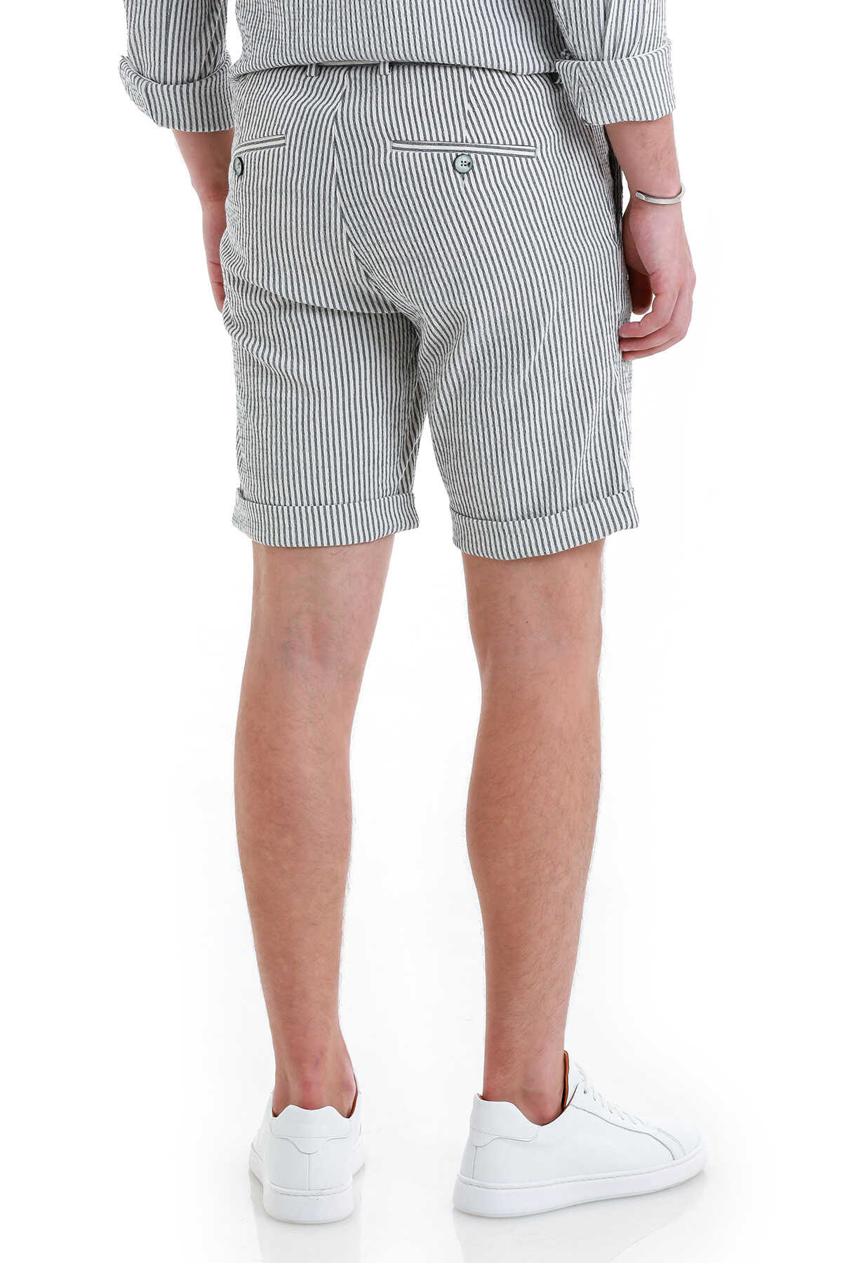 Lacivert Regular Fit Çizgili Yandan Cepli Şort - 6