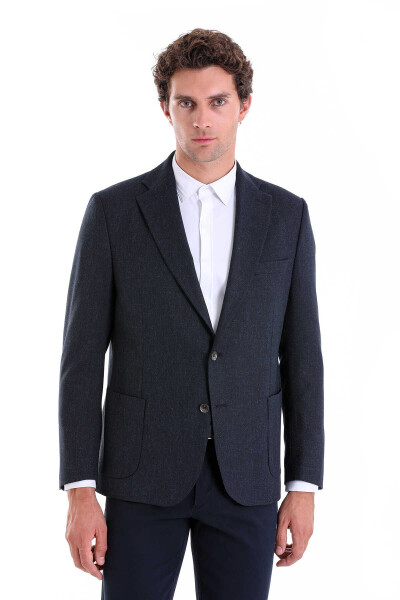 Lacivert Regular Fit Desenli Mono Yaka 4 Drop Klasik Ceket - 1