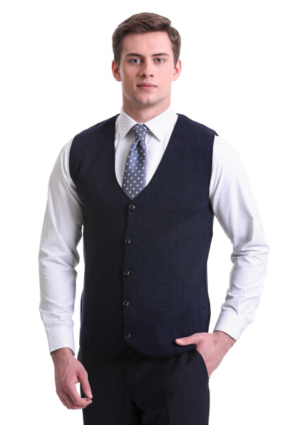 Lacivert Regular Fit V Yaka Yünlü Triko Yelek 