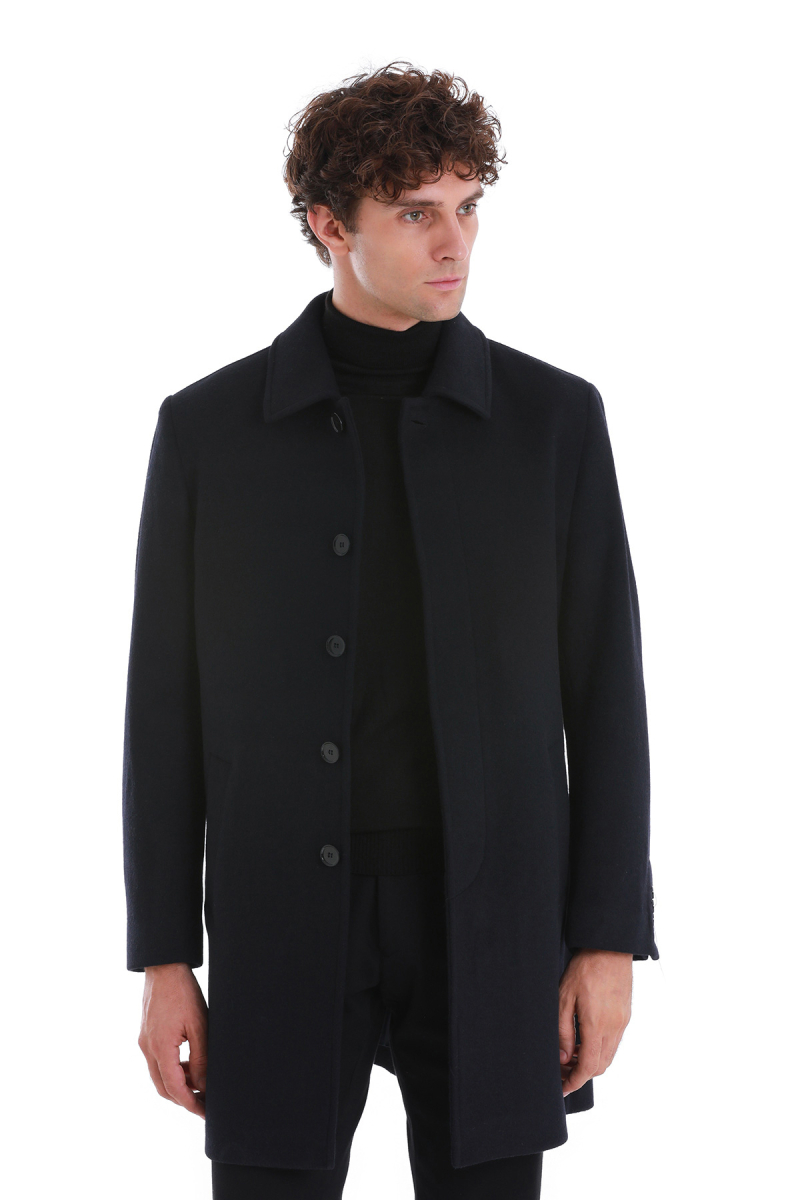 Lacivert Regular Fit Düz Bebe Yaka Kaşe Yünlü Palto - Hatem Saykı