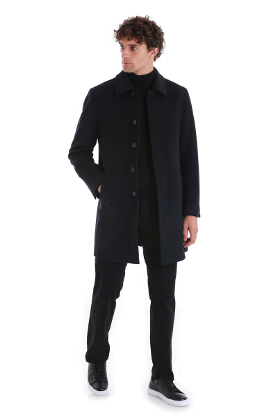 Lacivert Regular Fit Düz Bebe Yaka Kaşe Yünlü Palto - 2