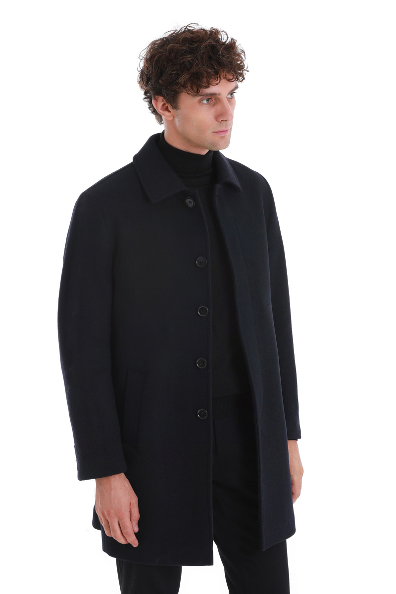 Lacivert Regular Fit Düz Bebe Yaka Kaşe Yünlü Palto - Hatem Saykı (1)