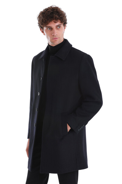 Lacivert Regular Fit Düz Bebe Yaka Kaşe Yünlü Palto - 4