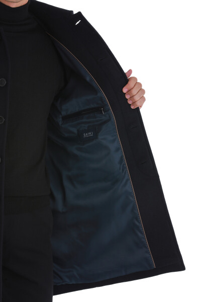 Lacivert Regular Fit Düz Bebe Yaka Kaşe Yünlü Palto - 6