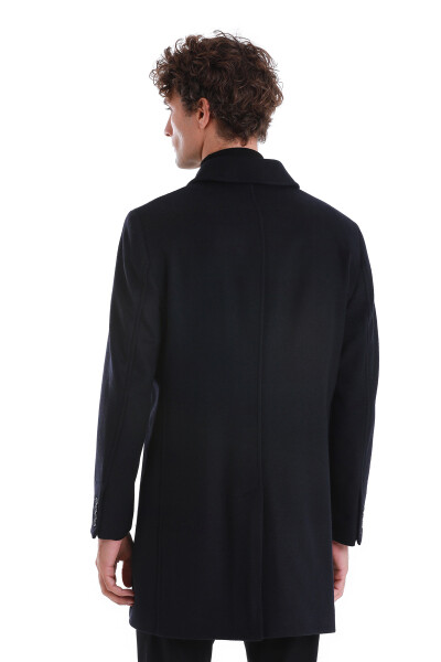 Lacivert Regular Fit Düz Bebe Yaka Kaşe Yünlü Palto - 7