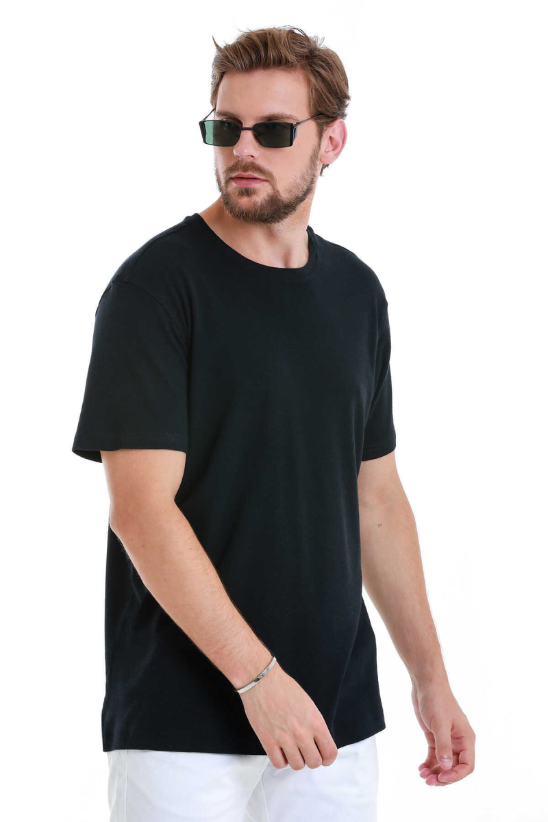 Lacivert Regular Fit Bisiklet Yaka Keten Tişört - Hatem Saykı (1)