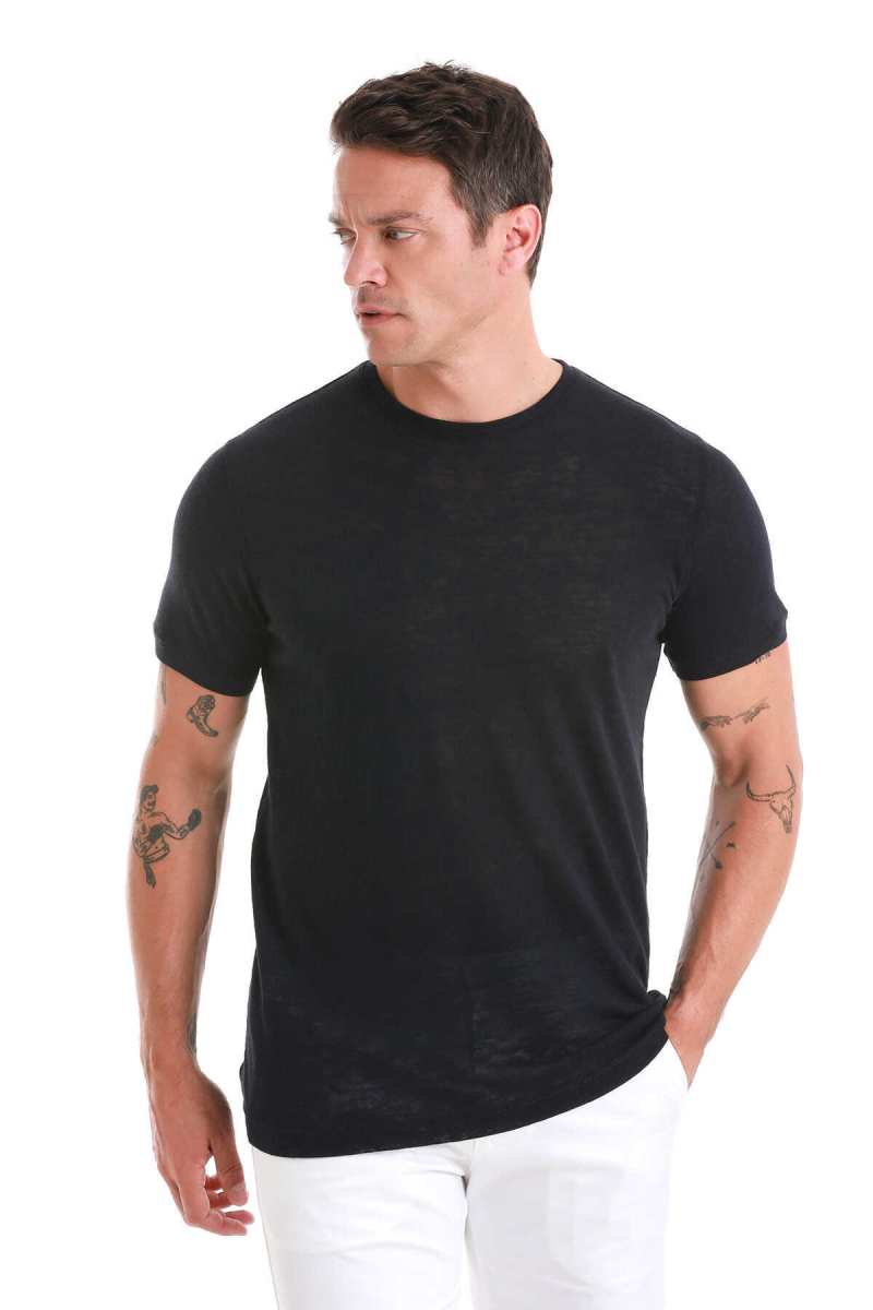 Lacivert Regular Fit Bisiklet Yaka Pamuklu Tişört - Hatem Saykı (1)