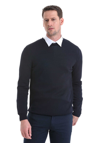 Lacivert Regular Fit Bisiklet Yaka Rayon Kazak 