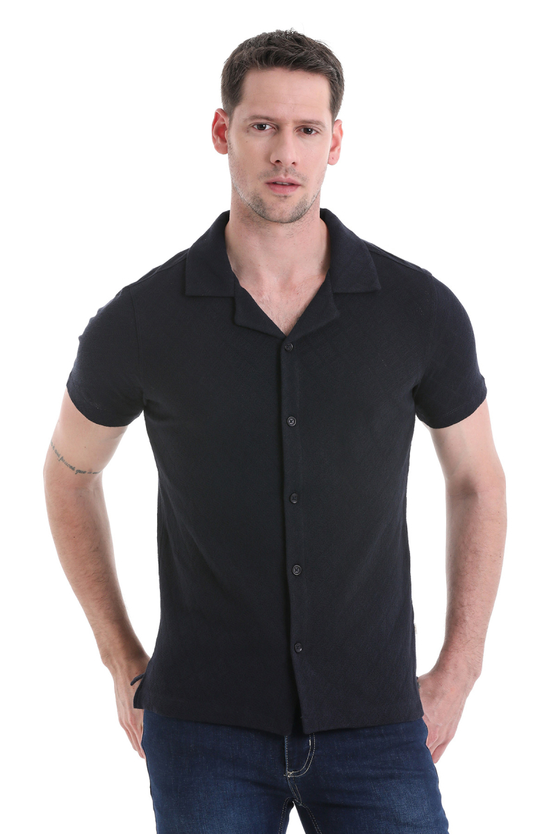 Lacivert Regular Fit Düğmeli Kısa Kollu Triko Hırka - Hatem Saykı