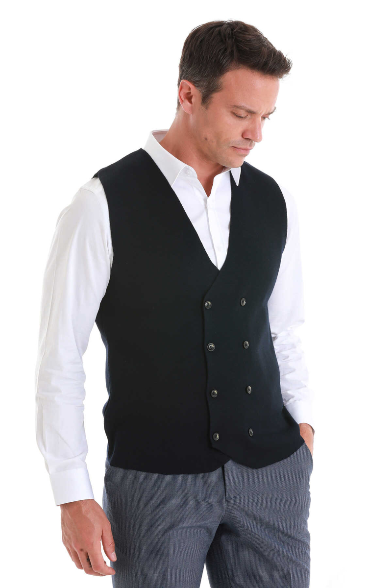 Lacivert Regular Fit Kruvaze Triko Yelek - Hatemoğlu (1)