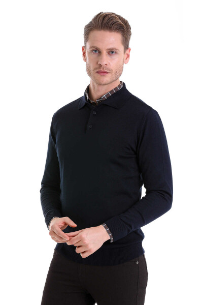 Lacivert Comfort Fit Düz Polo Yaka Yünlü Kazak - Thumbnail