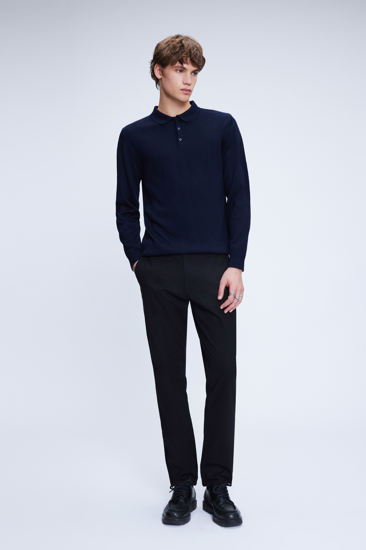 Lacivert Regular Fit Düz Polo Yaka Yünlü Triko Kazak - 2