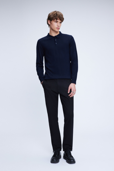 Lacivert Regular Fit Düz Polo Yaka Yünlü Triko Kazak - 2