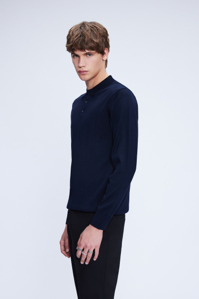 Lacivert Regular Fit Düz Polo Yaka Yünlü Triko Kazak - 3