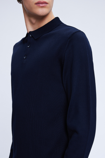 Lacivert Regular Fit Düz Polo Yaka Yünlü Triko Kazak - 4