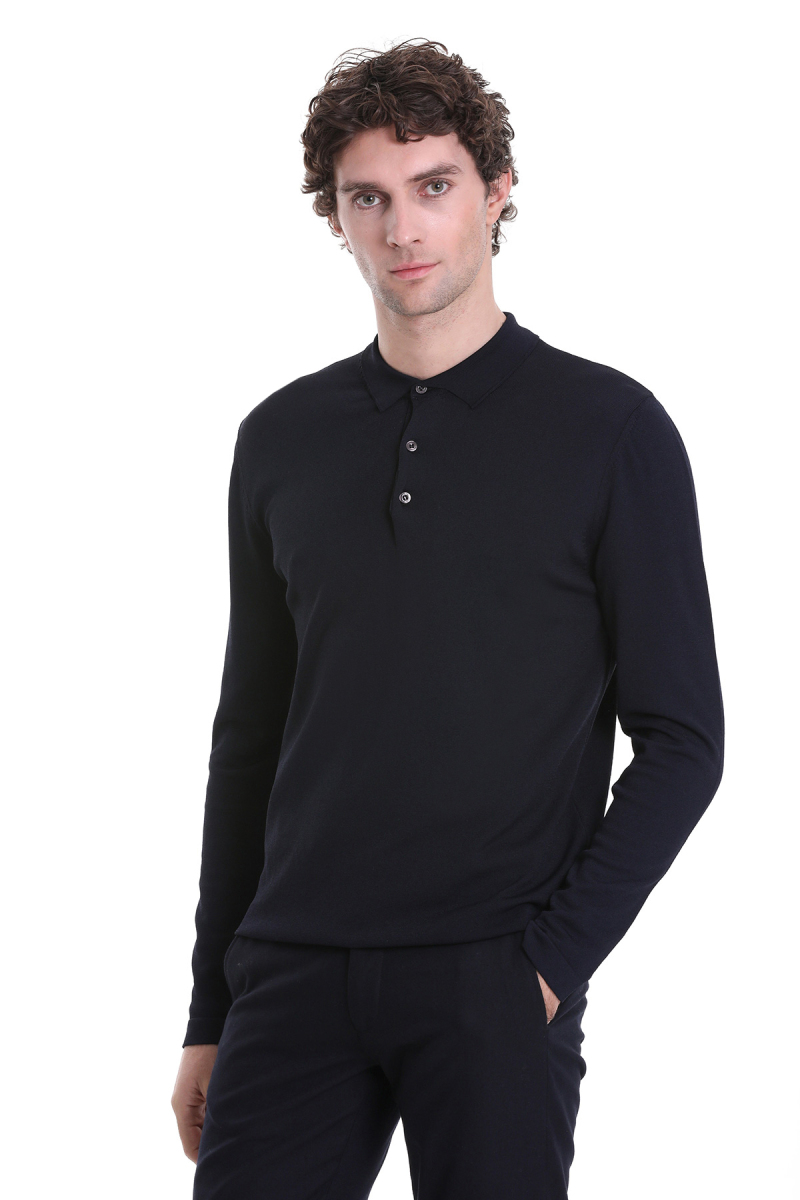 Lacivert Regular Fit Polo Yaka Yünlü Rayon Kazak - Hatem Saykı