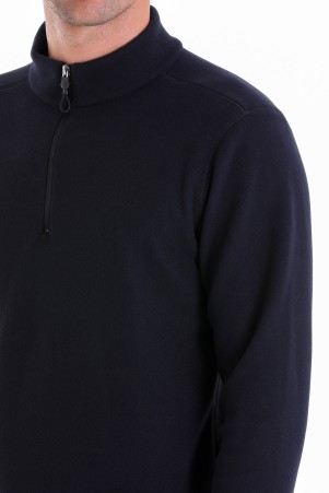 Lacivert Regular Fit Düz Yarım Fermuarlı Bato Yaka Polar Sweatshirt - Thumbnail