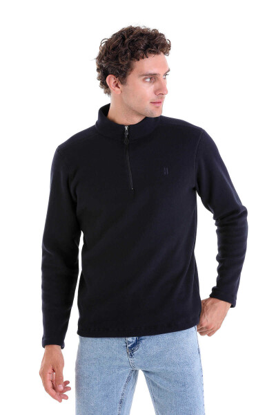 Lacivert Regular Fit Tüylenme Yapmayan Soğuk Geçirmez Yarım Fermuarlı Polar Sweatshirt 
