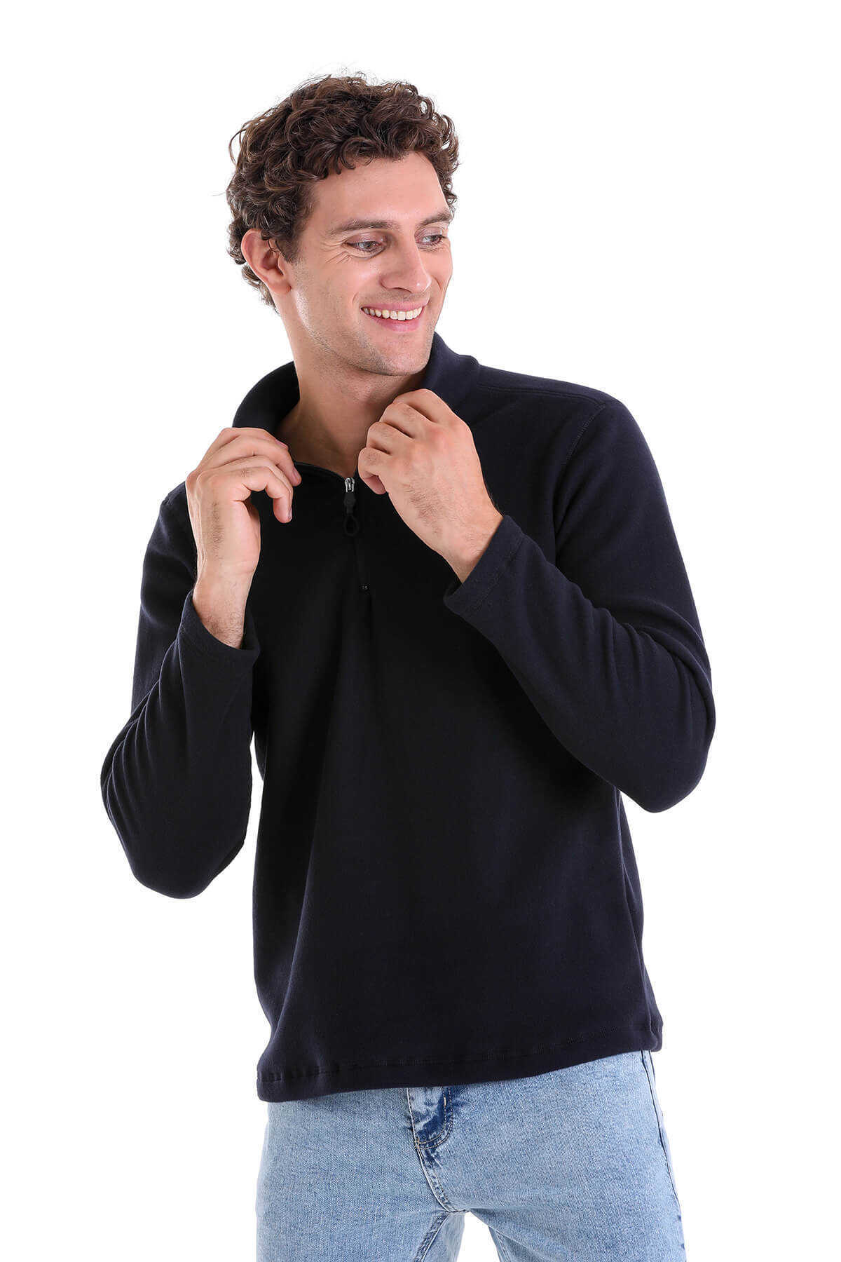 Lacivert Regular Fit Tüylenme Yapmayan Soğuk Geçirmez Yarım Fermuarlı Polar Sweatshirt - 3