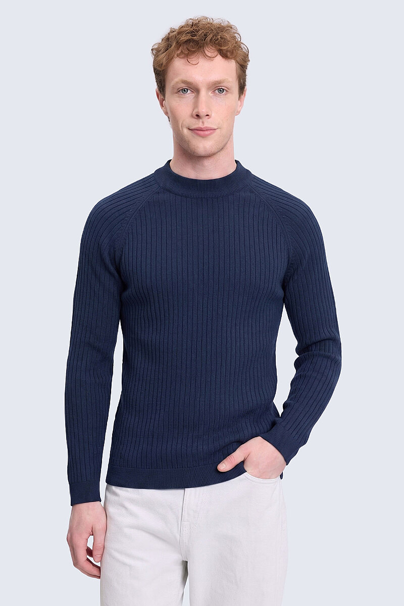 Lacivert Regular Fit Fitilli Çeyrek Balıkçı Yaka Pamuklu Triko Kazak