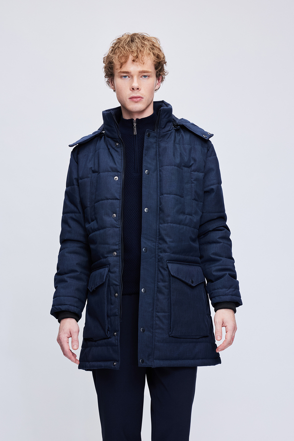 Lacivert Regular Fit Hakim Yaka Desenli Kapitone Uzun Kapüşonlu Mont - 3