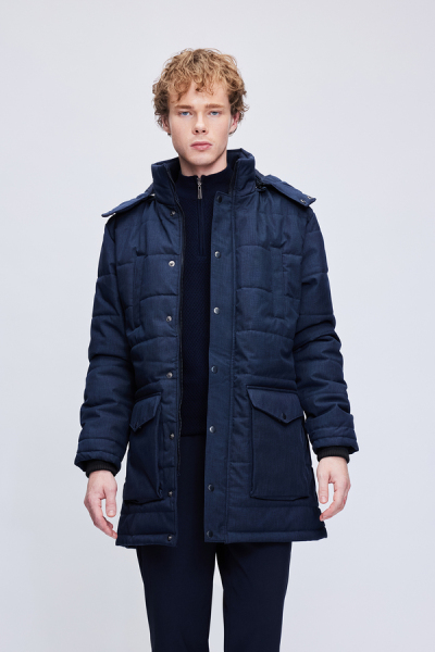 Lacivert Regular Fit Hakim Yaka Desenli Kapitone Uzun Kapüşonlu Mont - 3