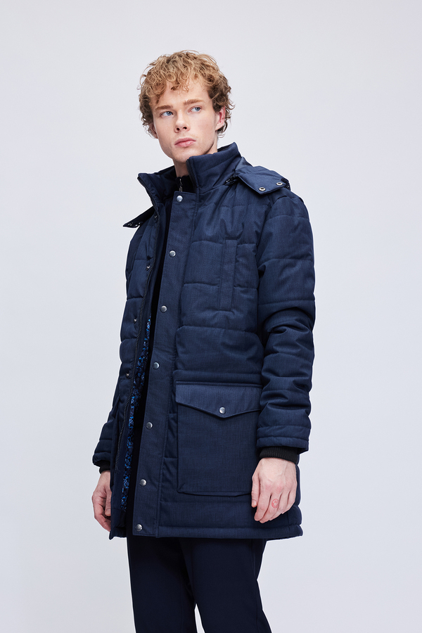 Lacivert Regular Fit Hakim Yaka Desenli Kapitone Uzun Kapüşonlu Mont - 4