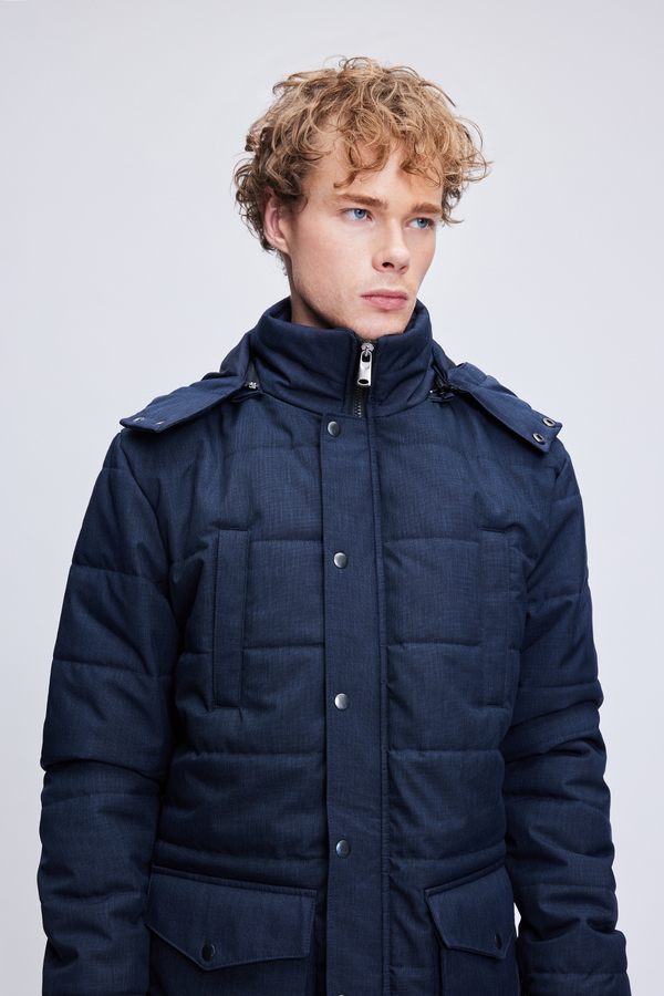 Lacivert Regular Fit Hakim Yaka Desenli Kapitone Uzun Kapüşonlu Mont - 6