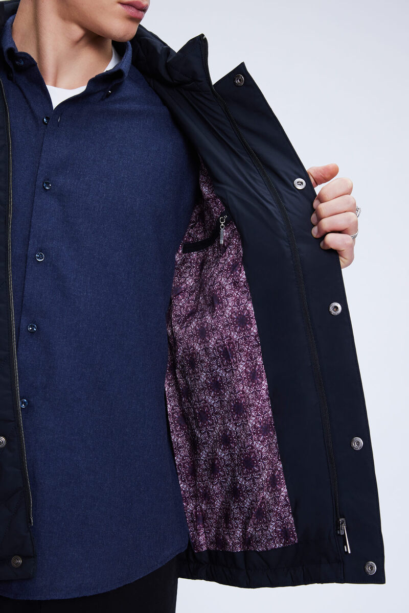 Lacivert Regular Fit Hakim Yaka Kapitone Kapüşonlu Mont - Hatemoğlu (1)