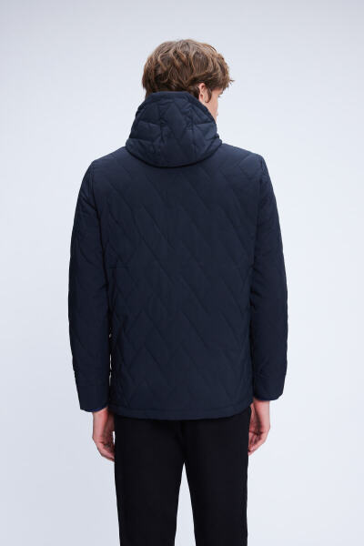 Lacivert Regular Fit Hakim Yaka Kapitone Kapüşonlu Mont - 5