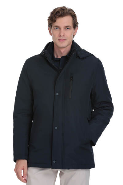 Lacivert Regular Fit Hakim Yaka Kapüşonlu Kaban - 1