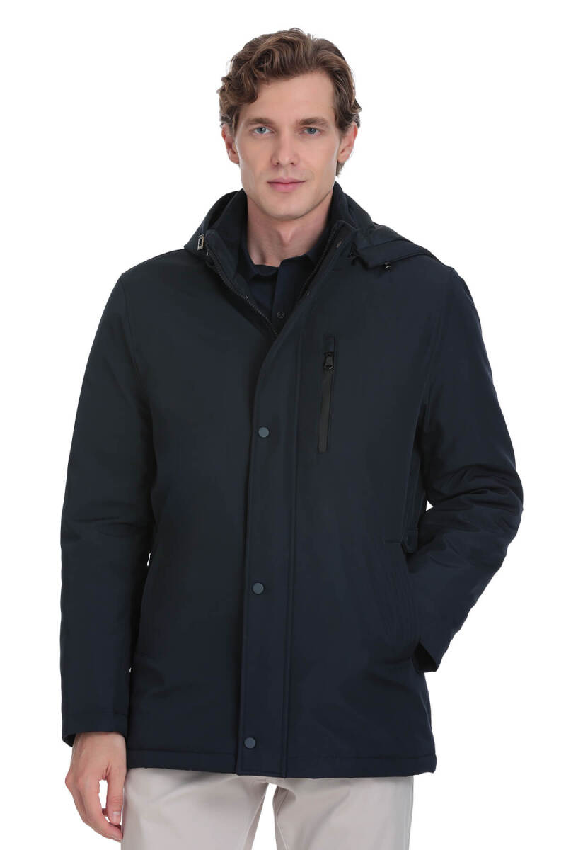 Lacivert Regular Fit Hakim Yaka Kapüşonlu Kaban - Hatemoğlu