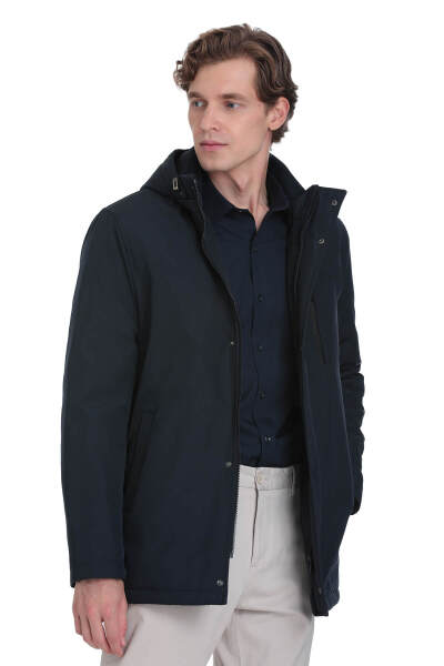 Lacivert Regular Fit Hakim Yaka Kapüşonlu Kaban - 3