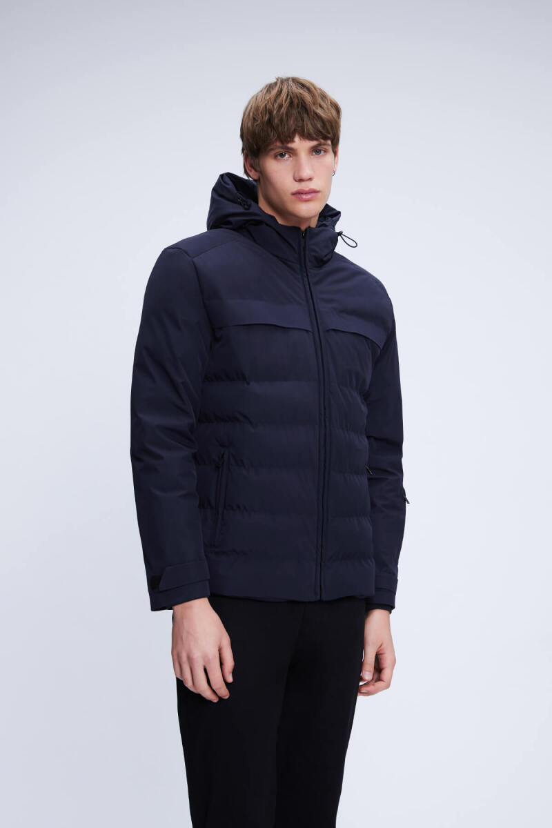 Lacivert Regular Fit Hakim Yaka Kapüşonlu Kaban - HTML