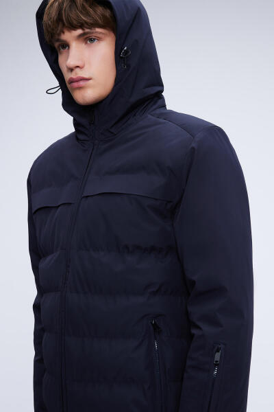 Lacivert Regular Fit Hakim Yaka Kapüşonlu Kaban - 3