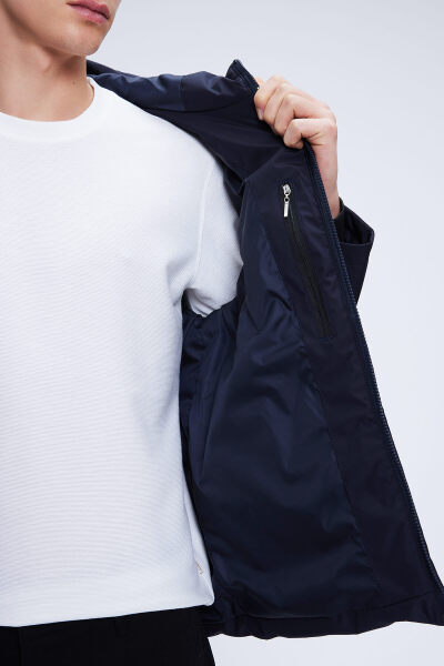 Lacivert Regular Fit Hakim Yaka Kapüşonlu Kaban - 4